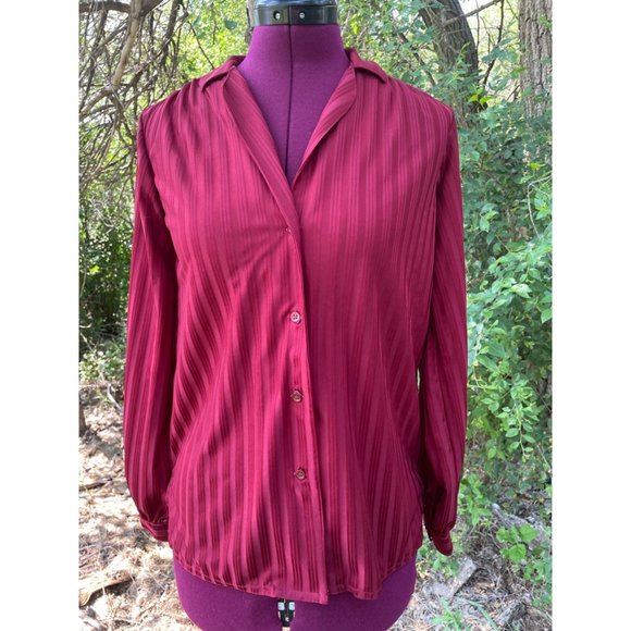Vintage 1970s Womens Button Blouse Burgundy Red Striped - Picture 12 of 12